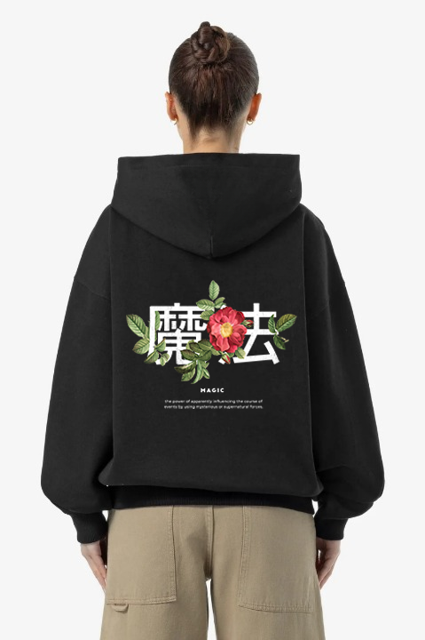 JAPANESE QUOTE WITH FLOWERS HOODIE BLACK UNISEX